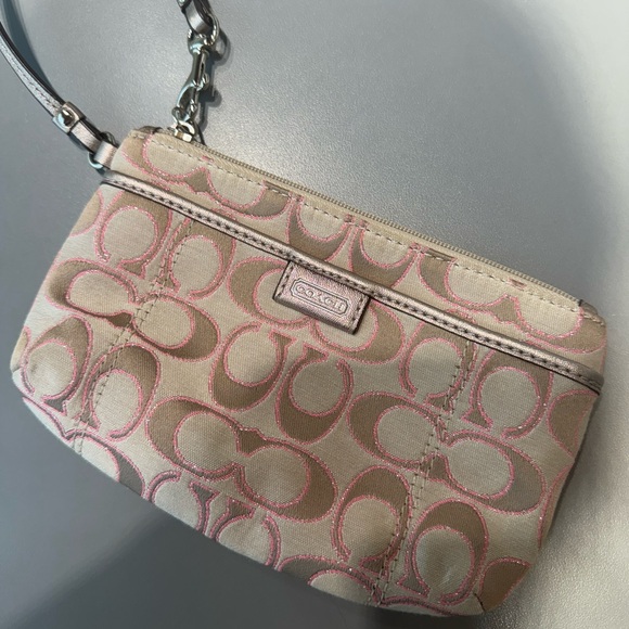 Coach Signature Beige and Pink Wristlet - Picture 1 of 5